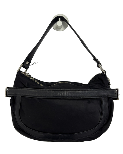 DKNY Vintage Black Nylon Half-Moon Leather Belt Accents Shoulder Bag