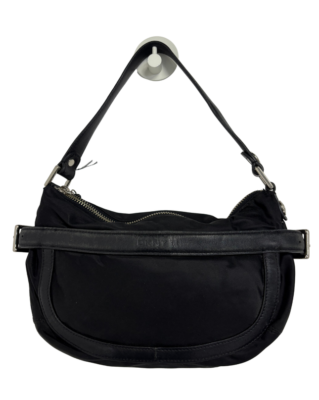 DKNY Vintage Black Nylon Half-Moon Leather Belt Accents Shoulder Bag