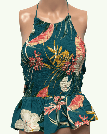 Patrons of Peace Tropical Floral Teal Halter Peplum Top