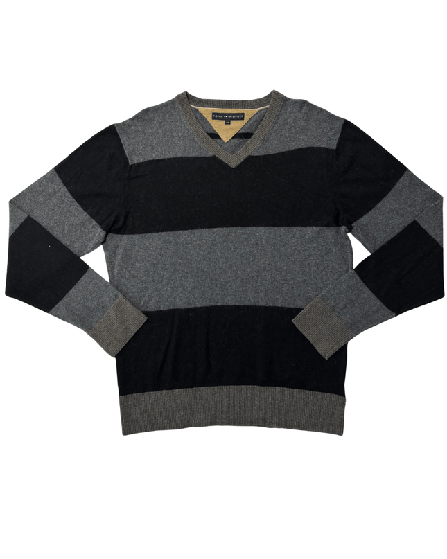 Tommy Hilfiger Grey & Black Colorblock Striped V-Neck Sweater