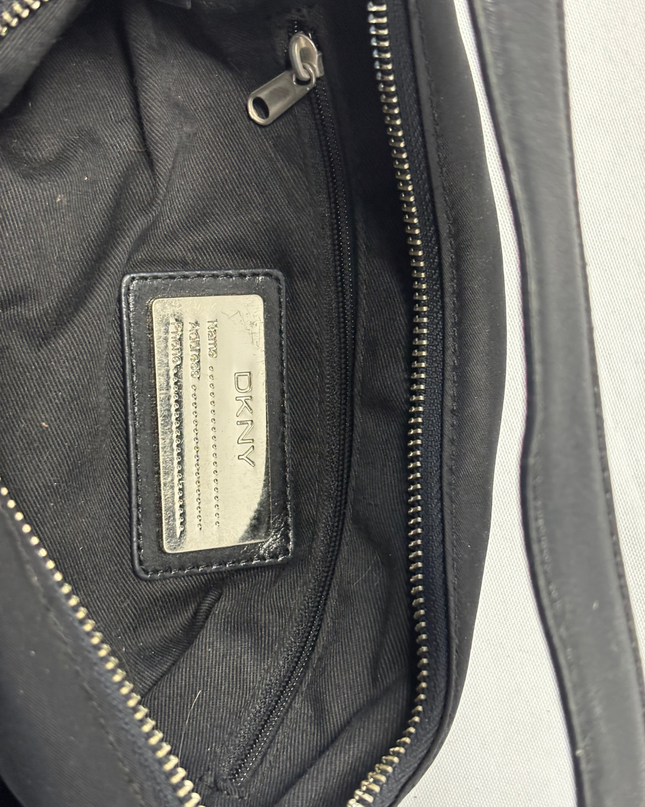 DKNY Vintage Black Nylon Half-Moon Leather Belt Accents Shoulder Bag