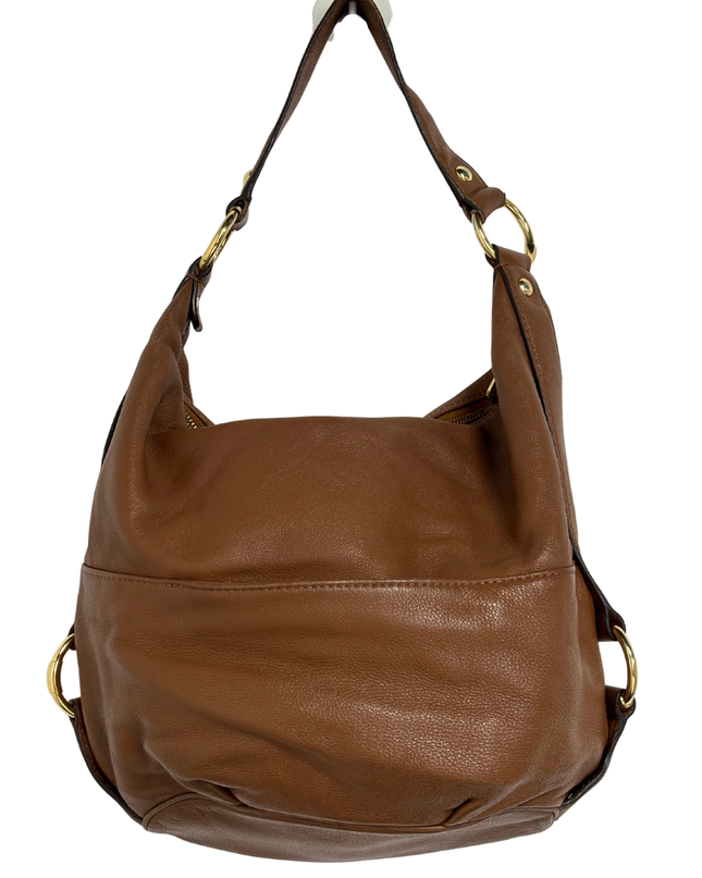 Michael Kors Brown Pebbled Leather MK Logo & Gold Rings Slouchy Hobo Bag