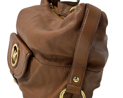 Michael Kors Brown Pebbled Leather MK Logo & Gold Rings Slouchy Hobo Bag