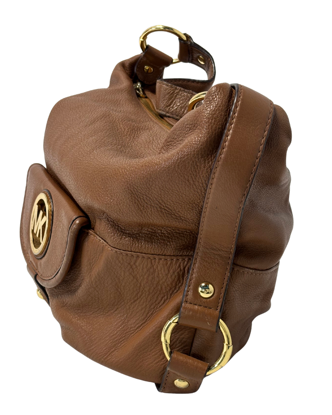 Michael Kors Brown Pebbled Leather MK Logo & Gold Rings Slouchy Hobo Bag