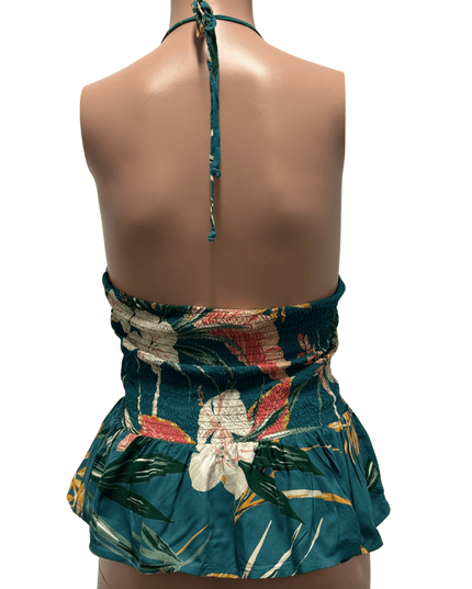 Patrons of Peace Tropical Floral Teal Halter Peplum Top