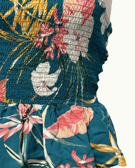 Patrons of Peace Tropical Floral Teal Halter Peplum Top