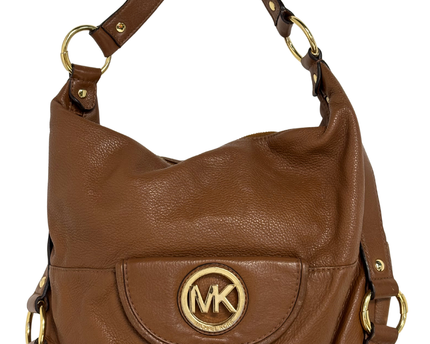 Michael Kors Brown Pebbled Leather MK Logo & Gold Rings Slouchy Hobo Bag