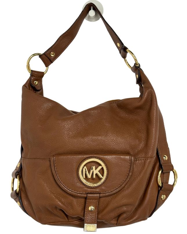 Michael Kors Brown Pebbled Leather MK Logo & Gold Rings Slouchy Hobo Bag