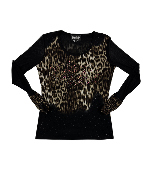 Fresh FX Leopard Print Mesh Rhinestone Long Sleeve Top - S