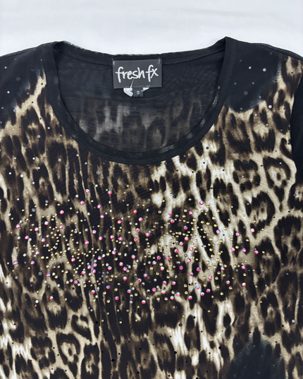 Fresh FX Leopard Print Mesh Rhinestone Long Sleeve Top - S