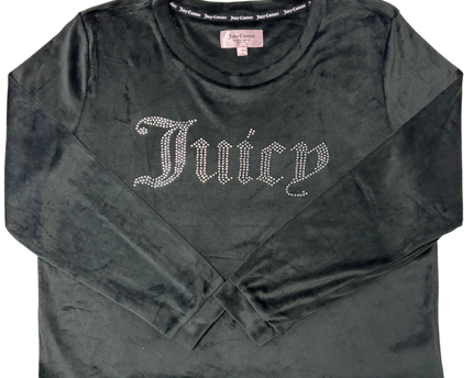 Juicy Couture Black Velour Rhinestone Logo Y2K Bling Crewneck Top