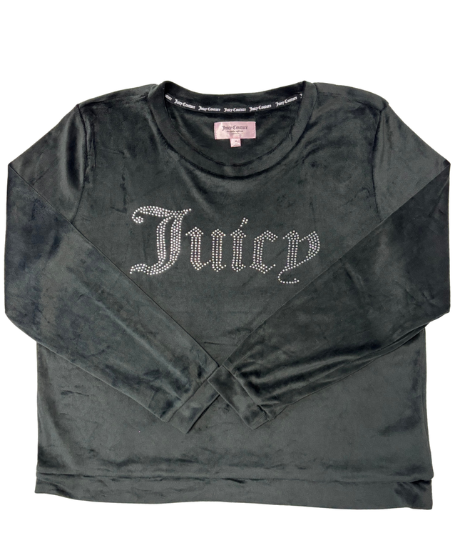Juicy Couture Black Velour Rhinestone Logo Y2K Bling Crewneck Top