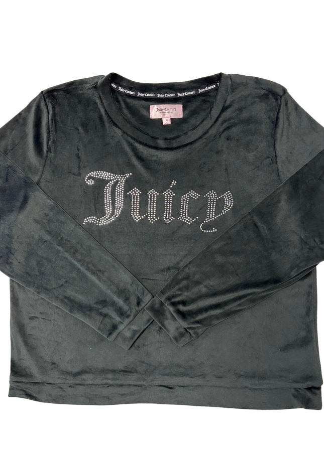 Juicy Couture Black Velour Rhinestone Logo Y2K Bling Crewneck Top