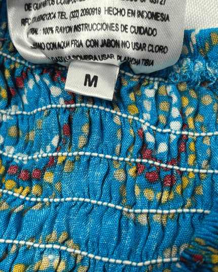 Flora de Tal Blue Dotted Floral Shirred Rayon Halter Top