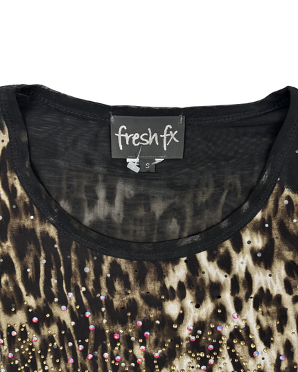 Fresh FX Leopard Print Mesh Rhinestone Long Sleeve Top - S
