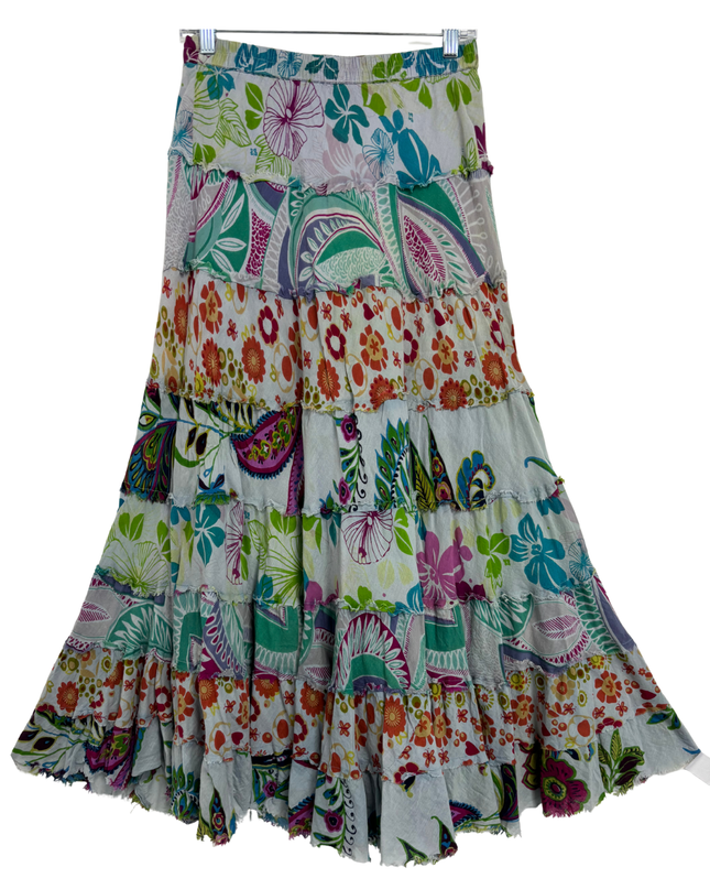 Sacred Threads Multicolor Tiered Boho Patchwork Cotton Maxi Skirt