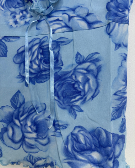Y2K Blue Rose Print Sheer Mesh Ruffle Tie-Front Tank Top - XXS