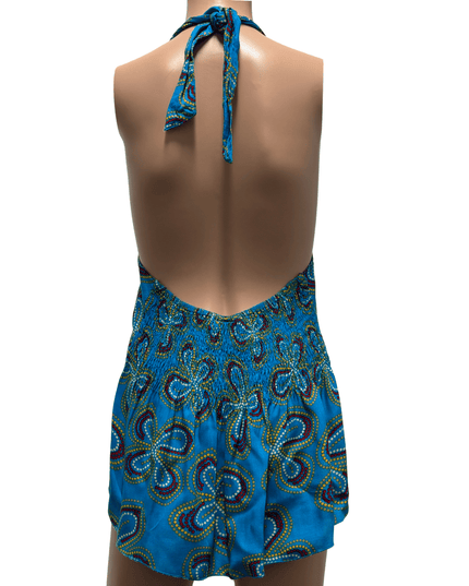 Flora de Tal Blue Dotted Floral Shirred Rayon Halter Top