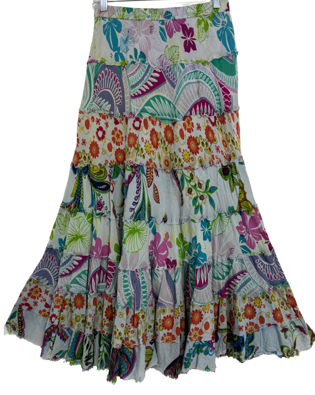 Sacred Threads Multicolor Tiered Boho Patchwork Cotton Maxi Skirt