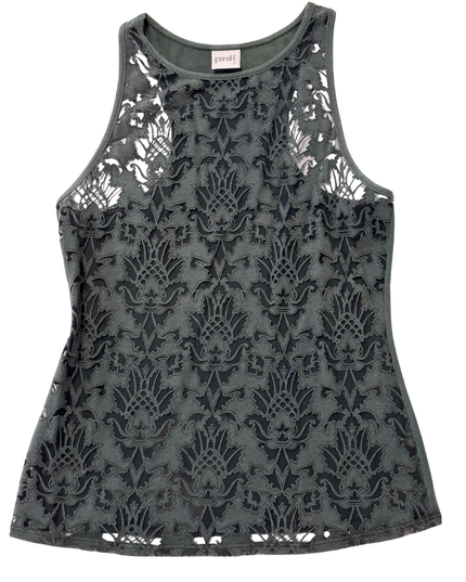 Parah Dark Olive Green Sheer Velvet Patterned Tank Top