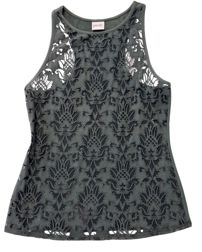 Parah Dark Olive Green Sheer Velvet Patterned Tank Top