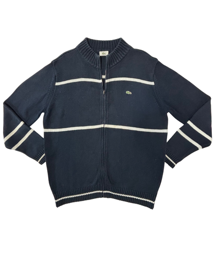 Lacoste Navy Blue Striped Full-Zip Cotton Knit Sweater