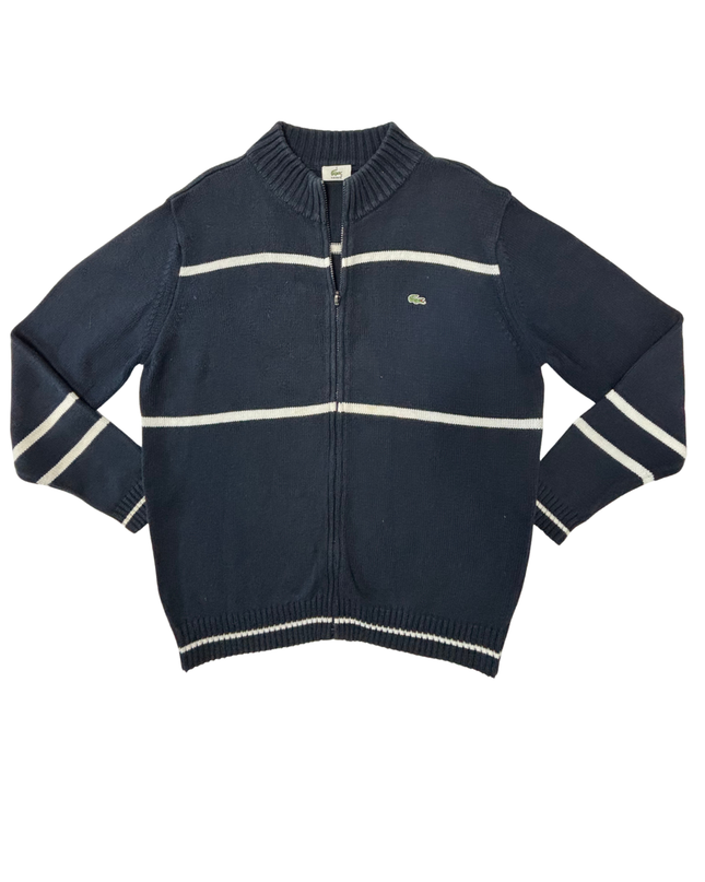 Lacoste Navy Blue Striped Full-Zip Cotton Knit Sweater
