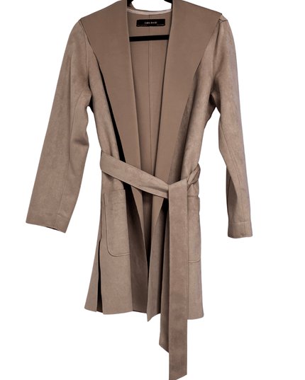 Zara Basic Taupe Hooded Belted Faux Suede Coat