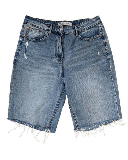 High Rise Longline Distressed Denim Shorts - S