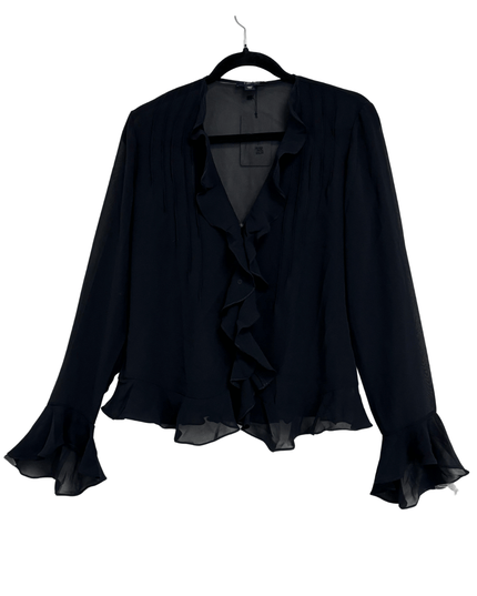 CHAPS Black Sheer Mesh Ruffle Bell Sleeve Peplum Blouse