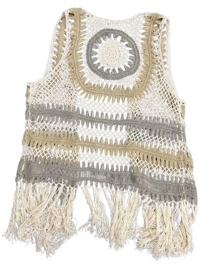 Great Northwest Indigo Boho Crochet Fringe Open In Earth Tones Vest - S