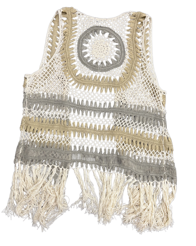 Great Northwest Indigo Boho Crochet Fringe Open In Earth Tones Vest - S