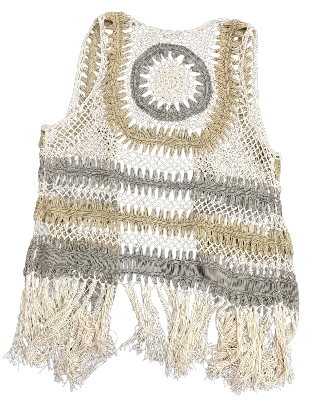 Great Northwest Indigo Boho Crochet Fringe Open In Earth Tones Vest - S