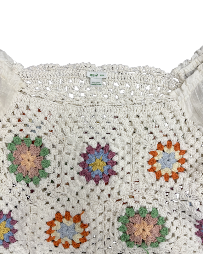 Aerie White Boho Crochet Floral Patchwork Peasant Top - XXS