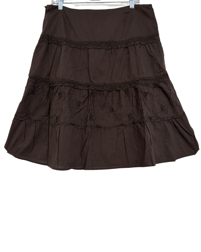 Mossimo Y2K Brown Tiered Cotton Lace Trim & Floral Embroidery Skirt