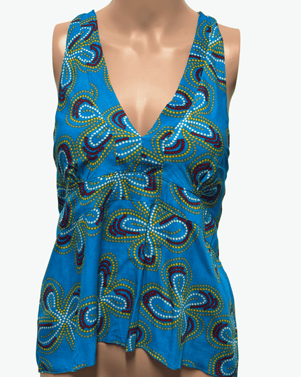 Flora de Tal Blue Dotted Floral Shirred Rayon Halter Top