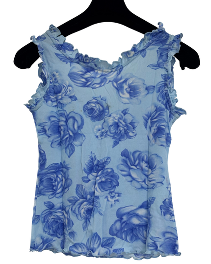 Y2K Blue Rose Print Sheer Mesh Ruffle Tie-Front Tank Top - XXS