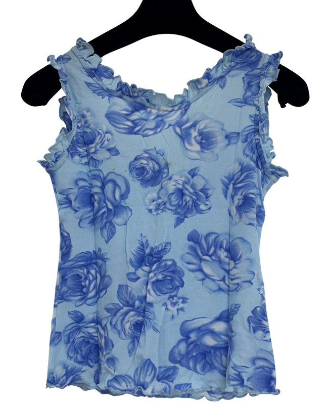 Y2K Blue Rose Print Sheer Mesh Ruffle Tie-Front Tank Top - XXS