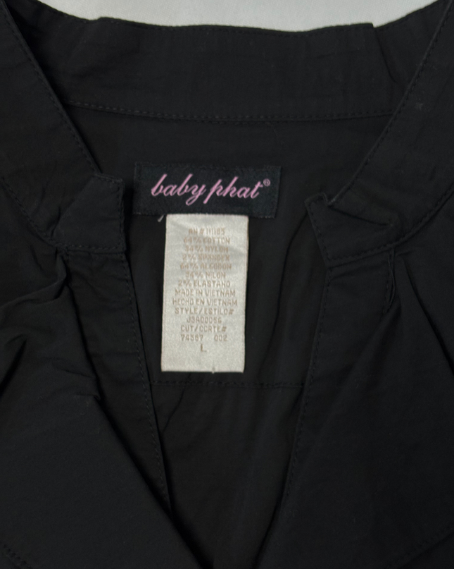 Baby Phat Black Shirred Waist Gold Buttons Y2K Ruffle Blouse