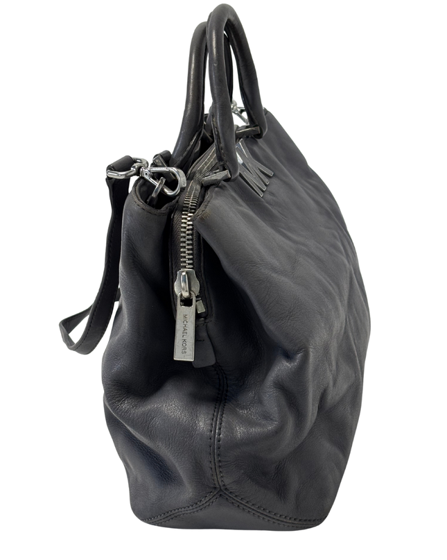 Michael Kors Slate Leather Convertible Large Silver MK Logo Satchel Bag