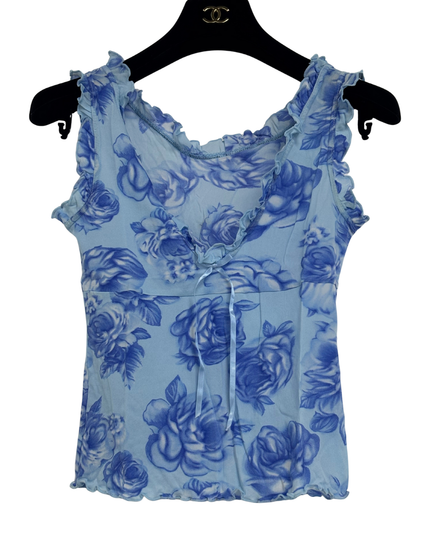 Y2K Blue Rose Print Sheer Mesh Ruffle Tie-Front Tank Top - XXS