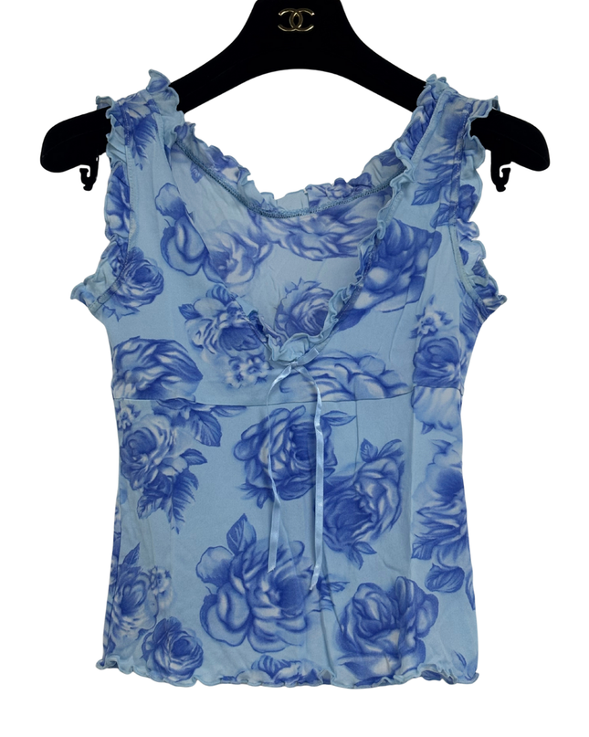 Y2K Blue Rose Print Sheer Mesh Ruffle Tie-Front Tank Top - XXS