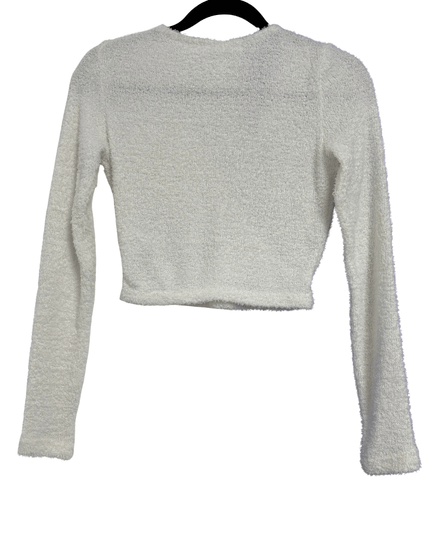 H&M White Textured Knit Wrap Front Long Sleeve Crop Top