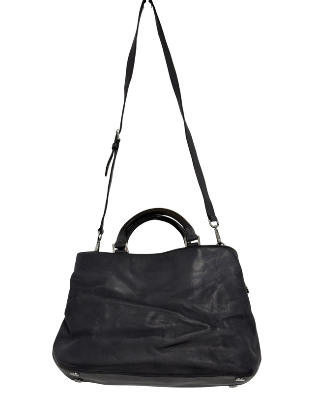 Michael Kors Slate Leather Convertible Large Silver MK Logo Satchel Bag