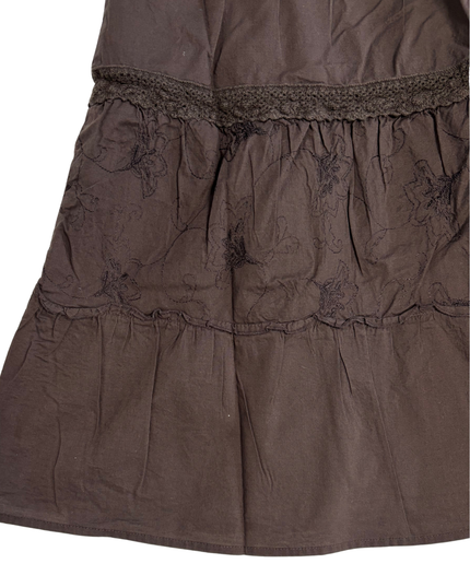 Mossimo Y2K Brown Tiered Cotton Lace Trim & Floral Embroidery Skirt