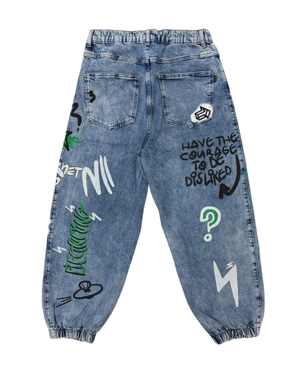 Bershka Graffiti Print Blue Denim Jogger Jeans - M | Waist: 32"