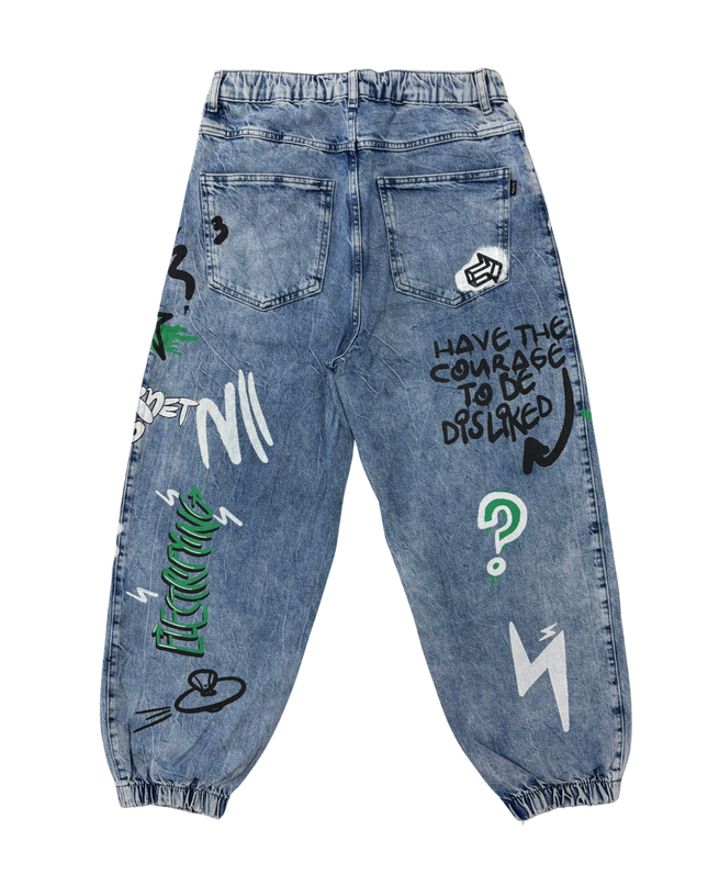 Bershka Graffiti Print Blue Denim Jogger Jeans - M | Waist: 32"