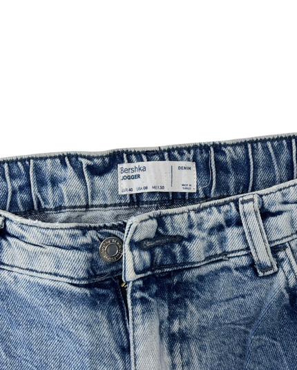 Bershka Graffiti Print Blue Denim Jogger Jeans - M | Waist: 32"