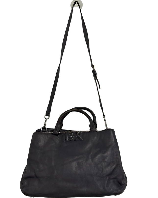 Michael Kors Slate Leather Convertible Large Silver MK Logo Satchel Bag