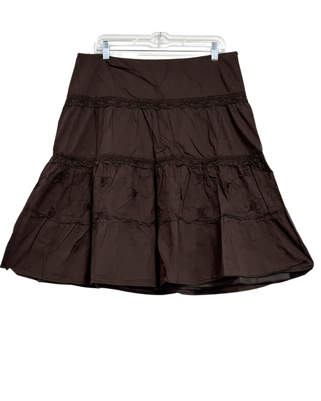 Mossimo Y2K Brown Tiered Cotton Lace Trim & Floral Embroidery Skirt